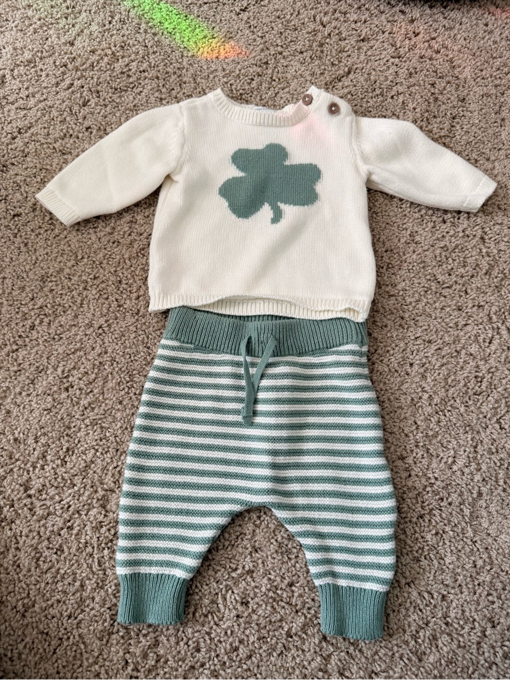 Carter's Cream & Sage Knit Clover Sweater Set